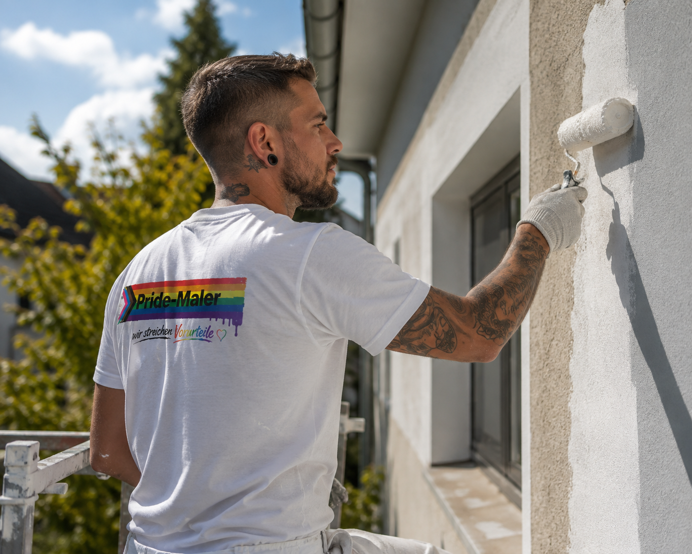 Pride-Maler beim fachgerechten Anstrich einer Fassade